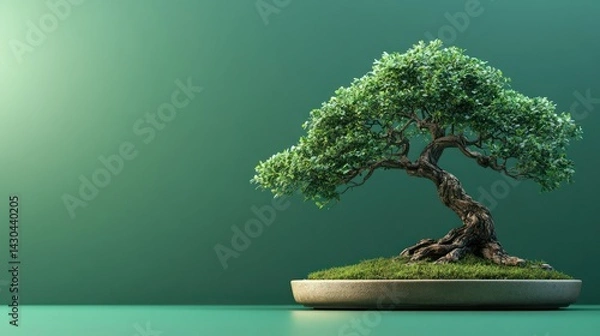 Fototapeta bonsai tree on a green background with copy space on the right side