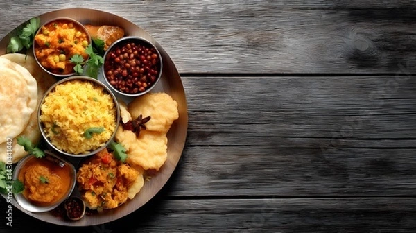 Fototapeta Delicious rustic indian thali featuring curries and naans traditional dining experience cozy setting top view