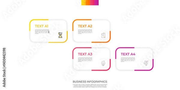Obraz Modern vector infographic template with rectangles, elements in minimalist design. Use for presentations, business processes, interface, data visualization, marketing strategies with 4 steps.