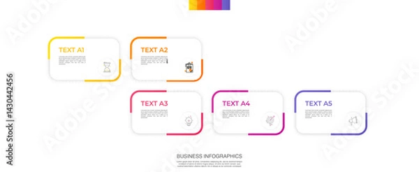 Fototapeta Modern vector infographic template with rectangles, elements in minimalist design. Use for presentations, business processes, interface, data visualization, marketing strategies with 5 steps.
