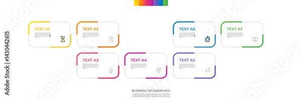 Fototapeta Modern vector infographic template with rectangles, elements in minimalist design. Use for presentations, business processes, interface, data visualization, marketing strategies with seven steps.