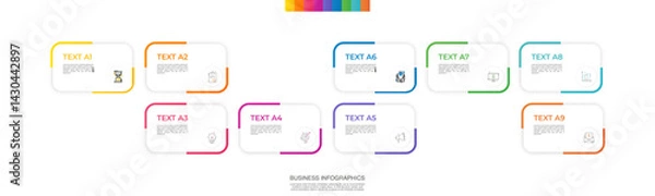 Fototapeta Modern vector infographic template with rectangles, elements in minimalist design. Use for presentations, business processes, interface, data visualization, marketing strategies with 9 steps.