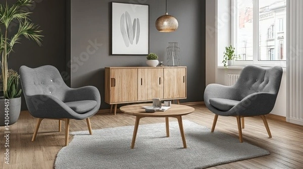 Fototapeta Modern grey armchairs and coffee table in a living room.