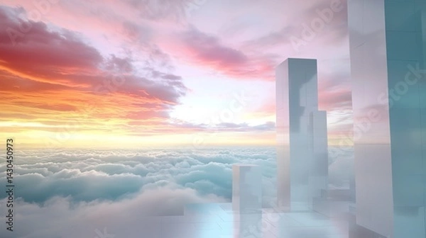 Fototapeta Ethereal Landscape with Glass Structures Above Colorful Clouds