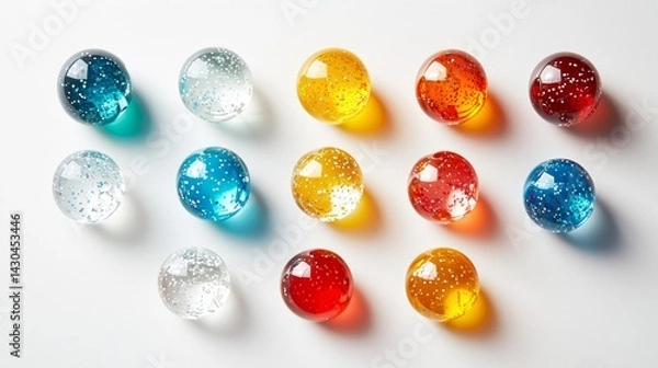 Fototapeta Colorful translucent spheres arranged in a creative layout on a white background