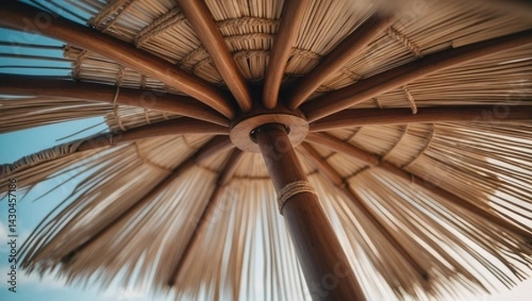 Fototapeta Close-up of a beach umbrella's underside highlighting its detailed texture and support structure