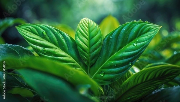 Fototapeta Close-up of a vibrant green leaf showcasing symmetrical patterns and natural texture