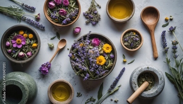 Obraz Herbal medicine preparation with fresh herbs, flowers, and essential oils, including mortar, pestle, and scissors on a nature-inspired background.