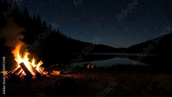 Obraz Lonely campfire burning warmly beside calm dark forest lake reflecting soft star-filled night sky surrounded by silhouetted mountains and trees. Nature and wilderness adventure concept
