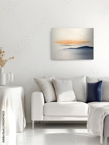 Fototapeta Bright contemporary den seating area showcasing minimal decor and a small painting above the sofa in neutral colors