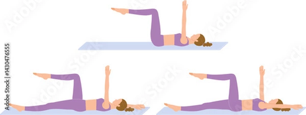 Obraz 筋トレ：デッドバグをする若い女性のイラストセット（正しいフォーム）