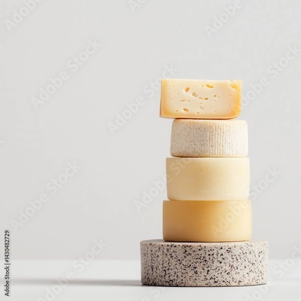 Fototapeta cheese day concept. Stack of various cheeses on a minimalist background. isolated on white background