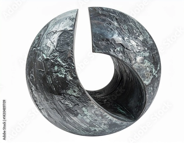 Fototapeta A modern, abstract sculpture featuring a smooth, circular form with a cutout, showcasing textured surfaces and a metallic finish.
