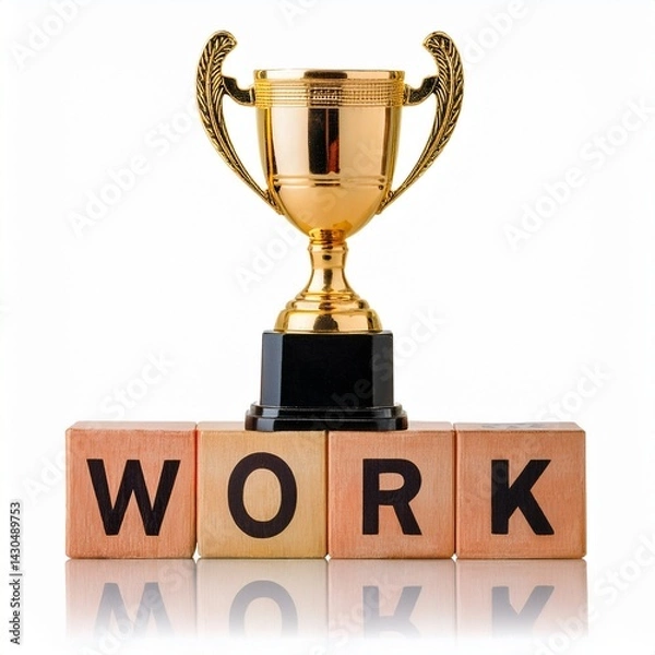 Fototapeta A golden trophy is displayed atop wooden blocks spelling "WORK," symbolizing achievement and success in professional endeavors.