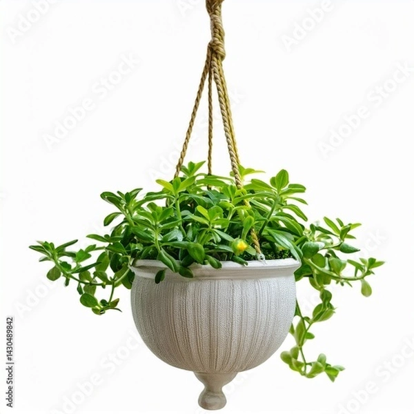 Fototapeta A hanging planter with lush green foliage, featuring a textured design that adds a touch of nature and style to any space.