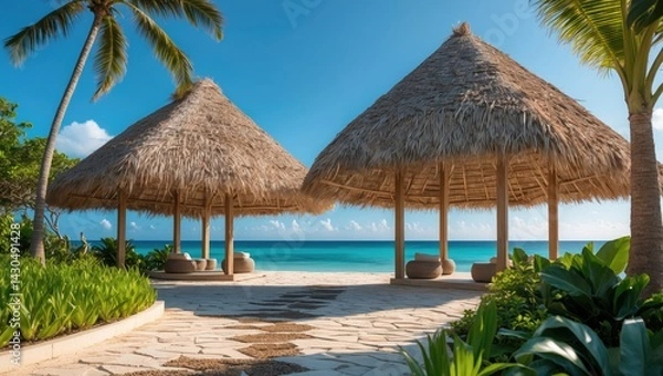 Fototapeta Beachside palapa umbrellas with thatched roofs provide cooling shade