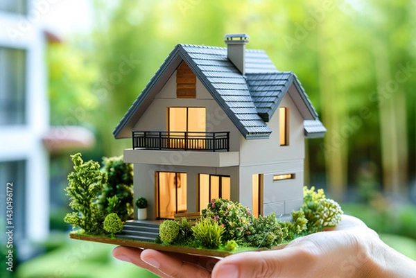 Fototapeta A hand holds a detailed house model with plants, symbolizing home, environment, and peaceful living.