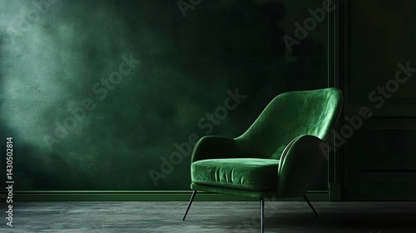 Obraz Living room with green armchair on empty dark green wall background.3D rendering
