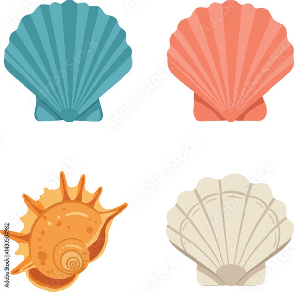 Fototapeta Colorful seashells vector illustration with blue, coral, orange and beige shells collection 