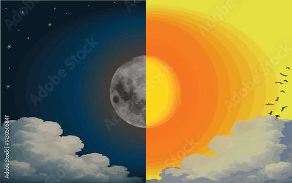 Fototapeta Split illustration of day and night.  the left side shows a night sky with stars and a full moon, while the right side depicts a bright sunset. Represents duality of time, Sun and moon. 