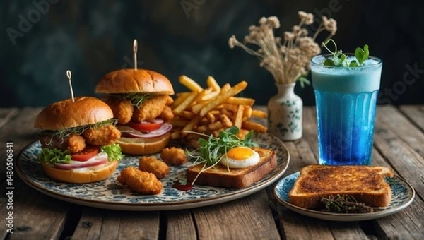 Fototapeta Crispy Chicken Nuggets with French Fries and Breakfast Sandwich Featuring Apple Pork Floss Egg Toast on a Taiwanese Brunch Platter