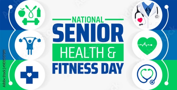 Fototapeta National Senior Health and Fitness Day background banner or poster design template. observed every year in May. Holiday concept. Use to any Template, card, poster, placard, template.