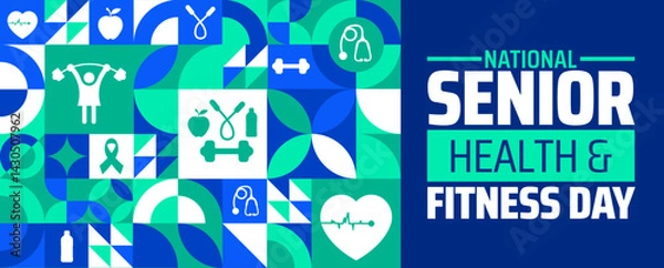 Fototapeta National Senior Health and Fitness Day Geometric shape pattern background banner or poster design template. observed every year in May. Holiday concept. Use to any Template, card, poster, placard.