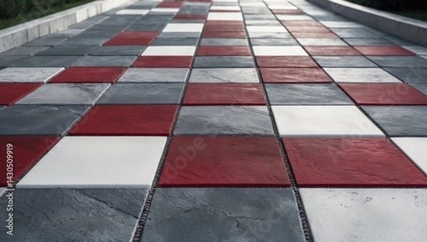 Obraz Red, gray, and white tiled floor with geometric pattern