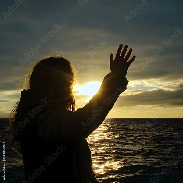 Fototapeta Woman is standing on the beach and is waving her hand towards the sun. The scene is peaceful and serene, with the sun setting in the background
