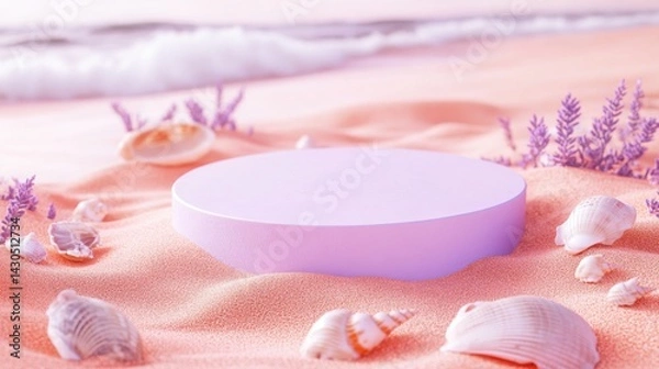 Fototapeta Pastel lavender podium resting on soft coral pink sand with scattered seashells and gentle tide waves in the distance: A dreamy and soft summer palette.