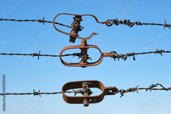 Fototapeta Closeup of three rows of old rusty and weathered barbed wire with tensioners against a deep blue sky