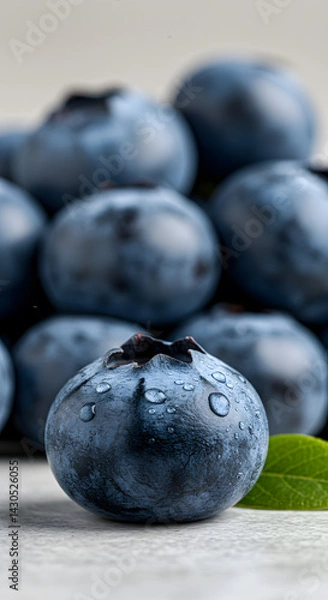 Fototapeta Closeup Single Round Blueberry Deep Color Water Droplets Soft Blurred Background