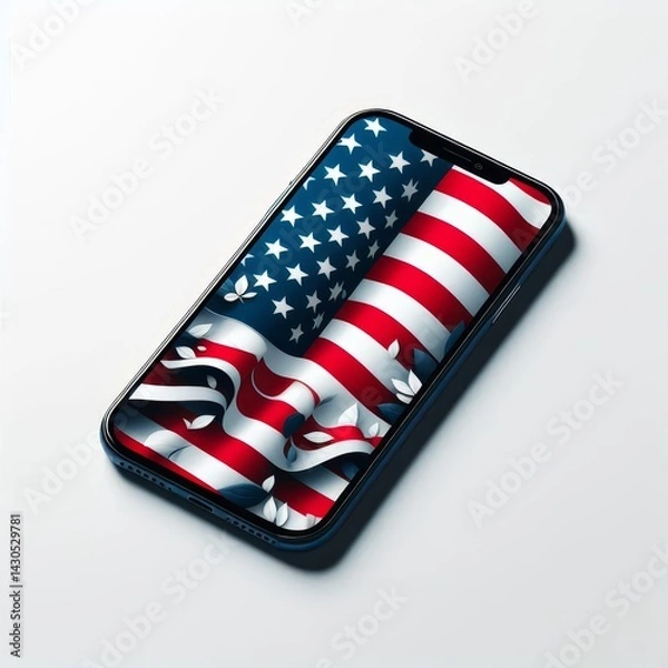 Fototapeta Smartphone with USA flag screen and decorative elements on white background, digital patriotism and technology concept