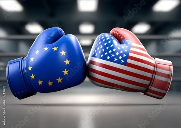 Fototapeta Two boxing gloves, one with the USA flag, the other with the EU flag, facing each other