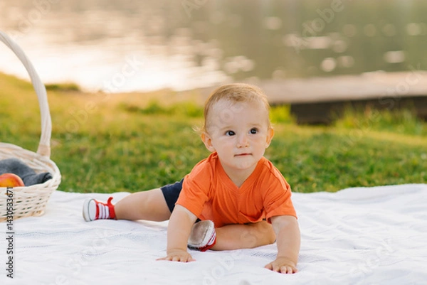 Fototapeta Toddler Exploring Picnic Blanket Outdoors