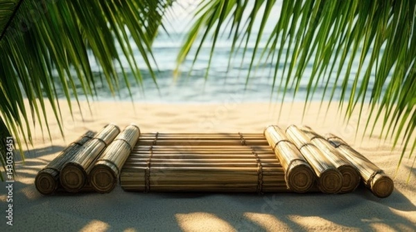 Fototapeta Rustic bamboo podium arranged on a tropical shore with green palm shadows dancing on the sand: A nature-inspired eco-friendly summer backdrop.