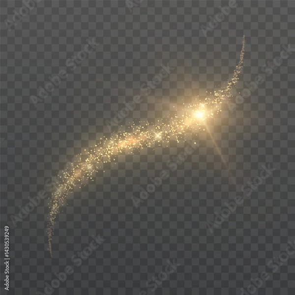 Fototapeta Golden sparkle trail with glowing particles forming a loop and flash of light on a transparent background. Vivid effect suitable for magic spells, fantasy effects or festive visual transitions.

