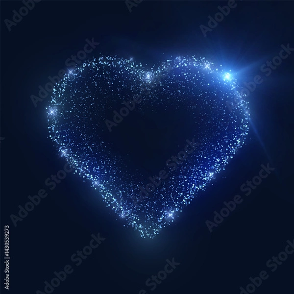 Fototapeta Heart shape formed by shimmering blue dots with luminescent shine and soft sparkle effects.