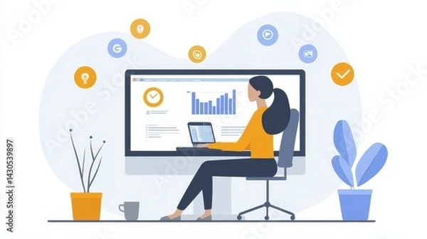 Fototapeta Female professional engaged in data analysis at a computer workstation.