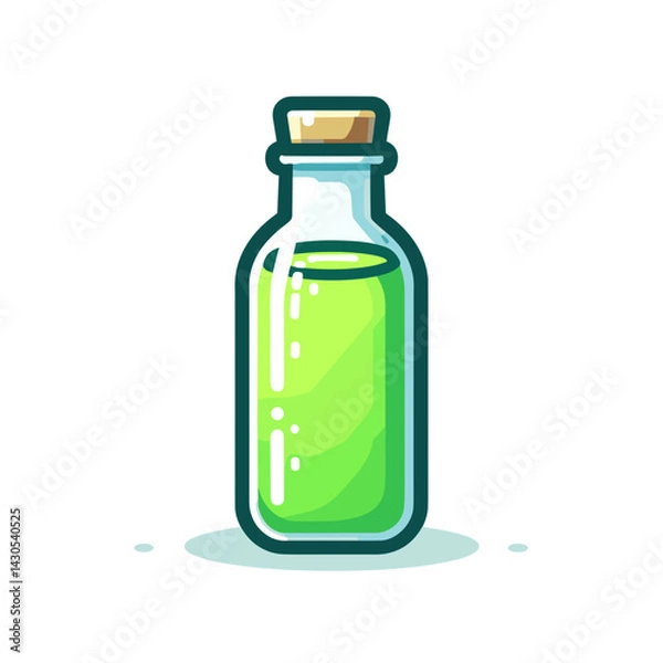 Fototapeta Green potion in glass bottle with cork stopper. Perfect for gaming graphics and fantasy theme illustrations.