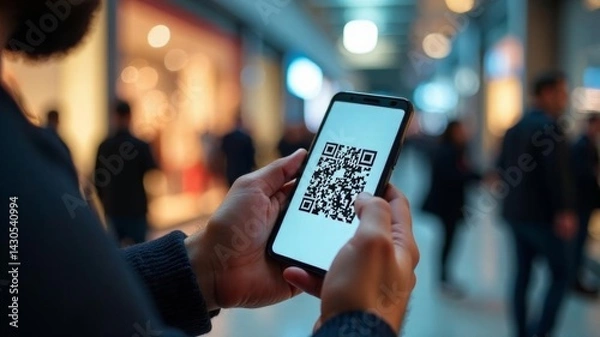 Obraz A smartphone in the hands of a man on the background of a shopping mall with people. An honest sign, quality control.

