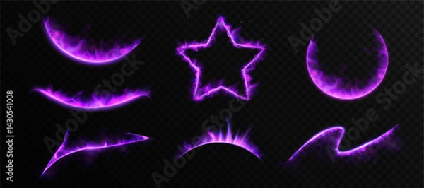 Obraz Set of abstract purple flame shapes with flaming edges of fire on dark background. Perfect for magic effects, fantasy design or game visuals. Vector