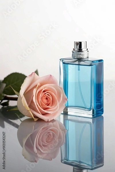Obraz Blue Perfume Bottle and Rose on a Reflective Studio Stage