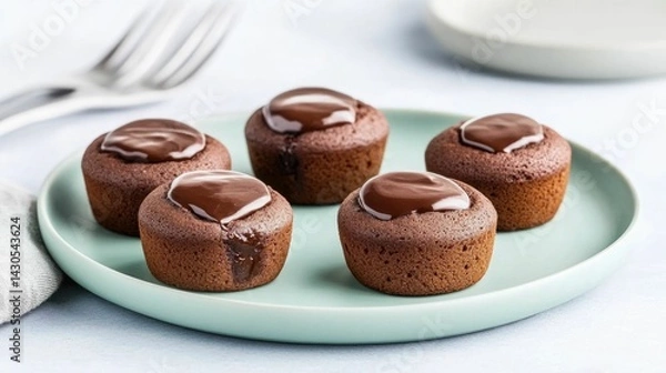 Fototapeta Decadent and irresistible mini chocolate lava cakes with rich molten centers served on a pastel green serving plate  These bite sized treats offer a luxurious