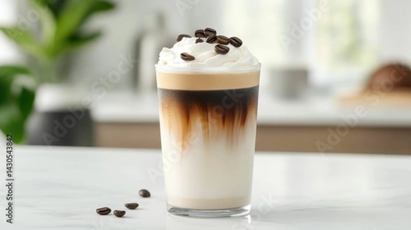Fototapeta A visually appealing iced latte with distinct layers of milk and espresso served in a clear glass on a smooth marble tabletop  The creamy