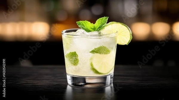 Fototapeta Refreshing and vibrant mojito cocktail with fresh mint leaves sliced lime and ice cubes on a dark wooden bar counter  Tropical and citrusy summer drink for parties bars and restaurants