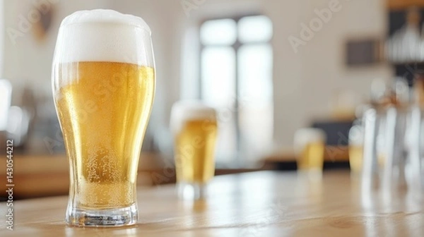 Fototapeta Frothy golden beer glasses with thick creamy heads sit atop a rustic wooden table in a cozy inviting pub setting capturing the essence of craft beer culture tradition and artisanal