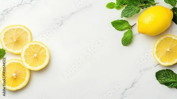 Fototapeta Chilled and refreshing lemonade with thinly sliced lemon wedges and fresh green mint leaves against a cool marble background  A classic summer drink on a clean light surface
