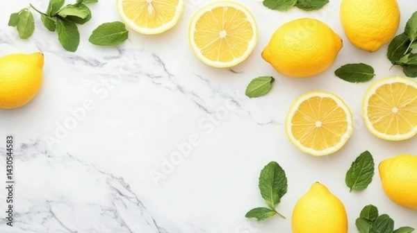 Fototapeta Refreshing chilled lemonade with vibrant yellow lemon slices and bright green mint leaves arranged on a white marble background