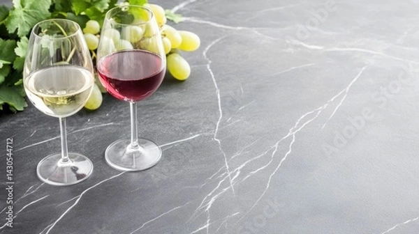 Fototapeta Elegant wine tasting setup on a dark marble background featuring two glasses filled with red and white wine accompanied by fresh green grapes and leaves